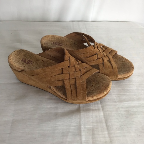 UGG WOMEN CARMAL TAN BRAIDED CRISS CROSS LEATHER WOOD WEDGE SANDALS SIZE 7 - Picture 3 of 8